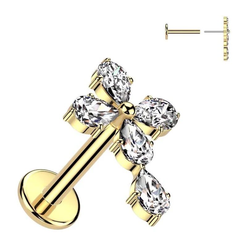 Arany színű 316L orvosi acél labret piercing kereszt dísszel cirkónia kővel