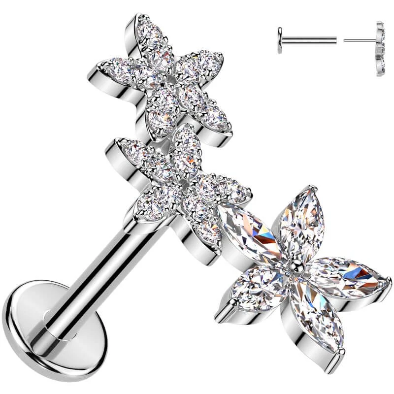 Ezüst színű 316L orvosi acél labret piercing virág dísszel cirkónia kővel